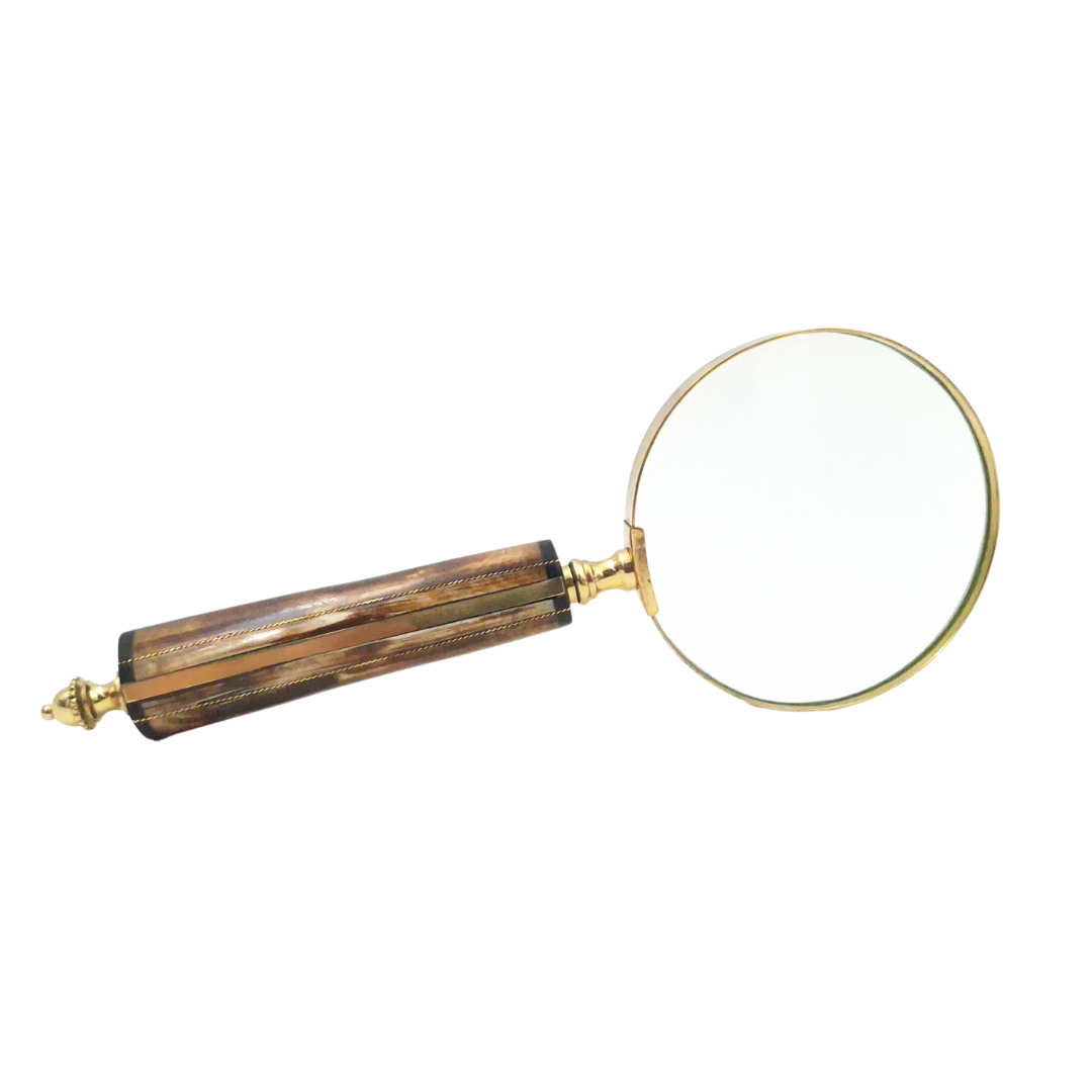 Loupe MFM avec monture en laiton et manche en os, grossissement 3.5x, personnalisable par gravure, idéale comme cadeau pour un collectionneur, coloris or et blanc/crème, dimensions 10 x 23 x 1.9 cm