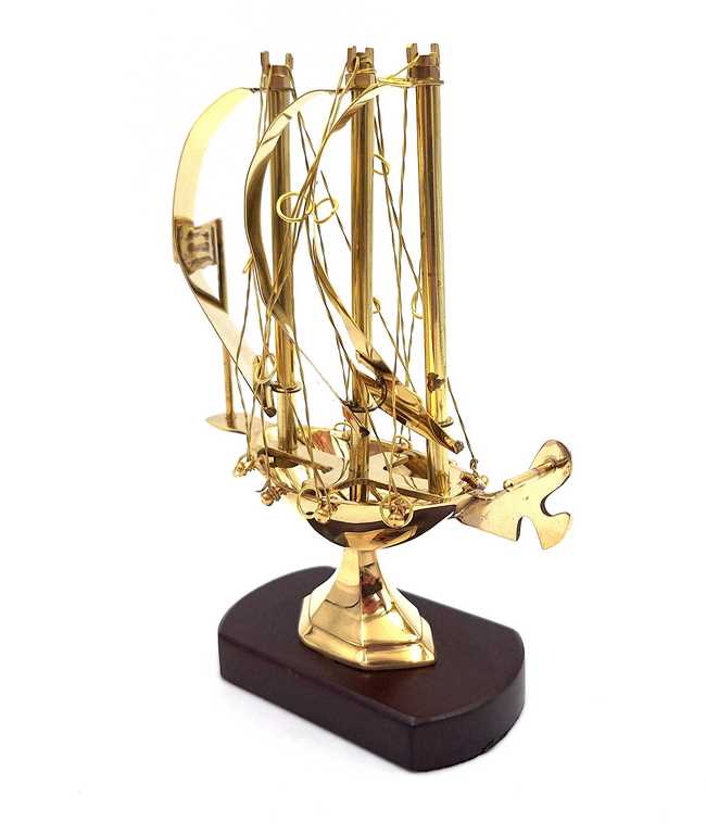 Navire en laiton sur socle en bois 20 cm - N-4450A