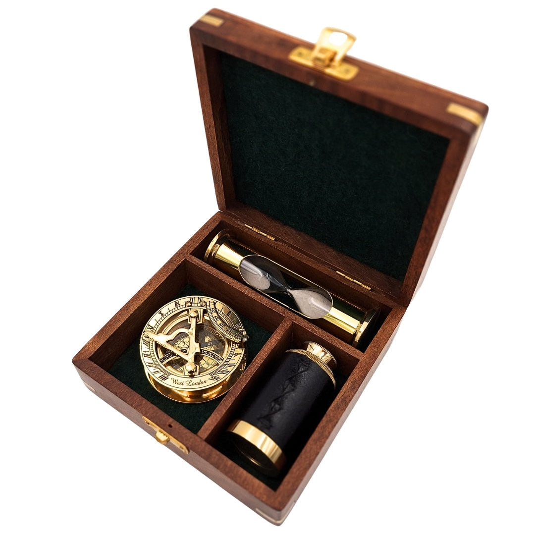 Retro Gift Set with Engraving – Brass Compass, Folding Telescope, Hourglass in a Wooden Box