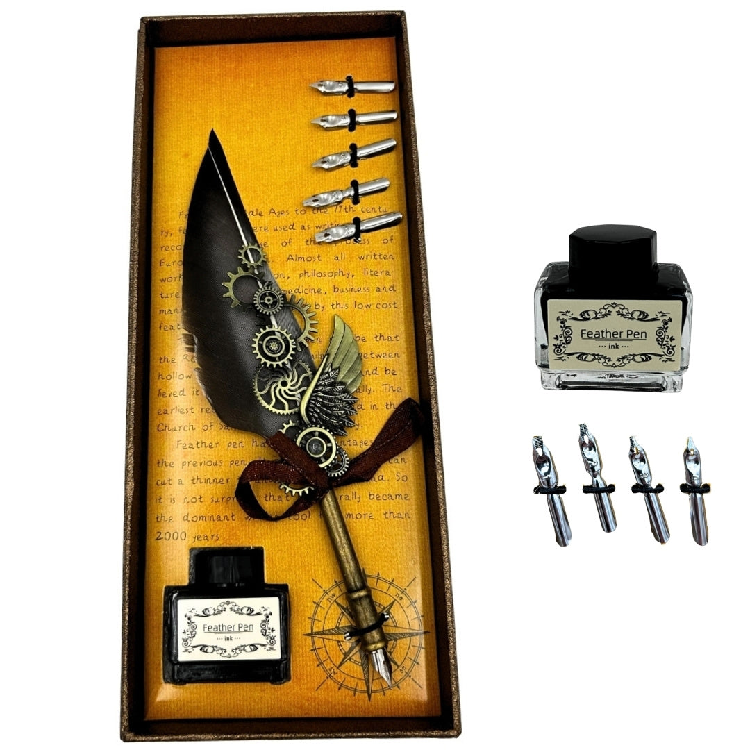 Set de calligraphie rétro avec plume d’oie vintage, 6 plumes, encre, cadeau – EE5