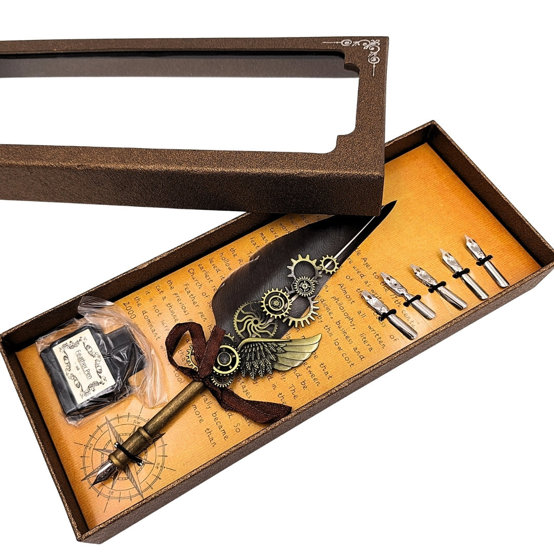 Set de calligraphie rétro avec plume d’oie vintage, 6 plumes, encre, cadeau – EE5