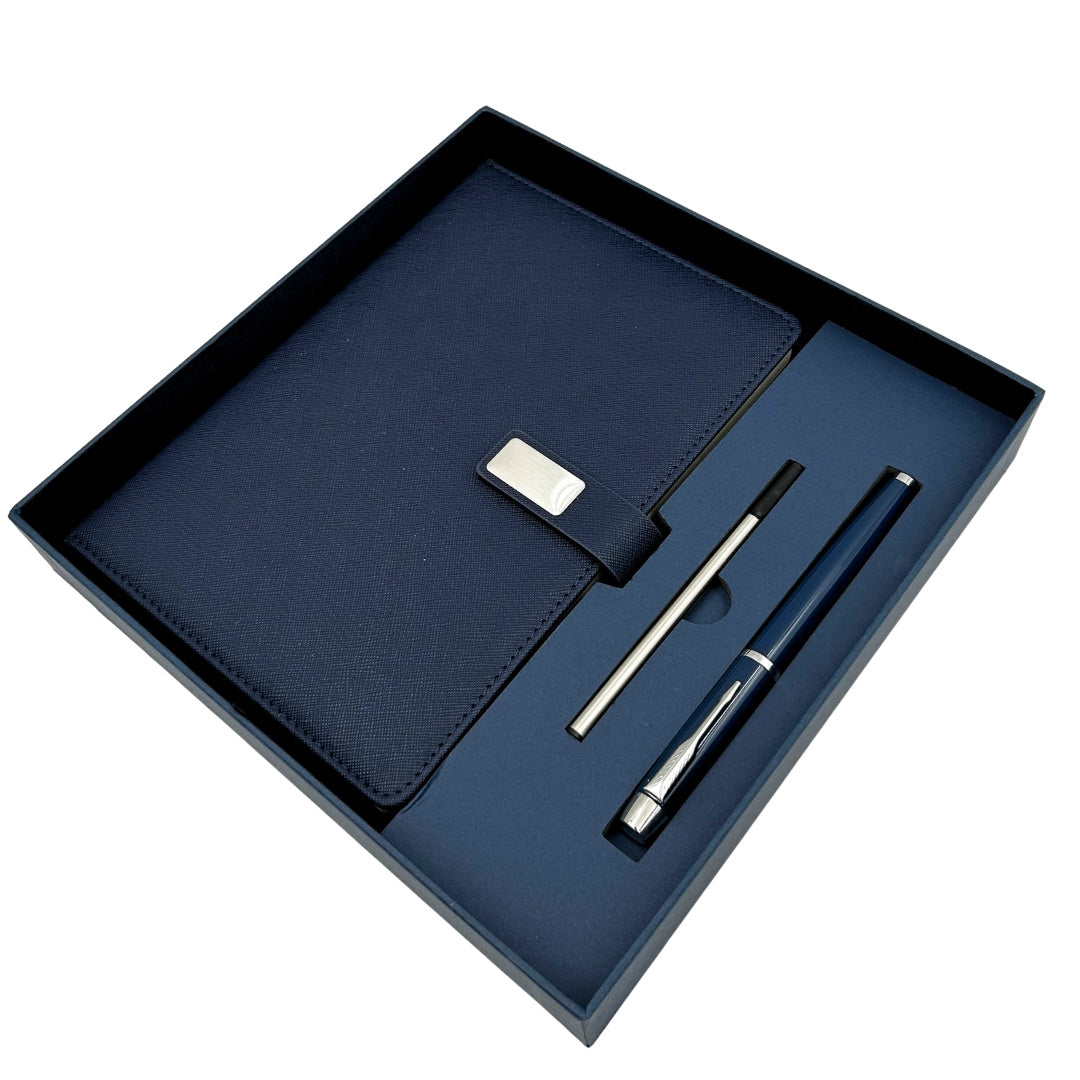 Coffret cadeau élégant carnet en cuir bleu marine A5 avec stylo dans une boîte cadeau - EE13