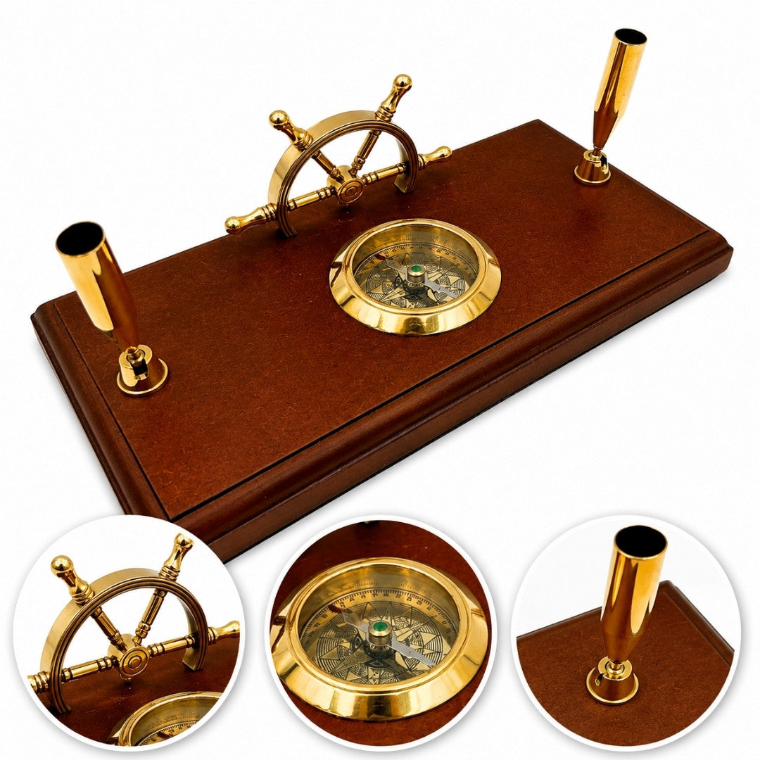 Ensemble de bureau marin – Roue de gouvernail, boussole, porte-stylos – TT019