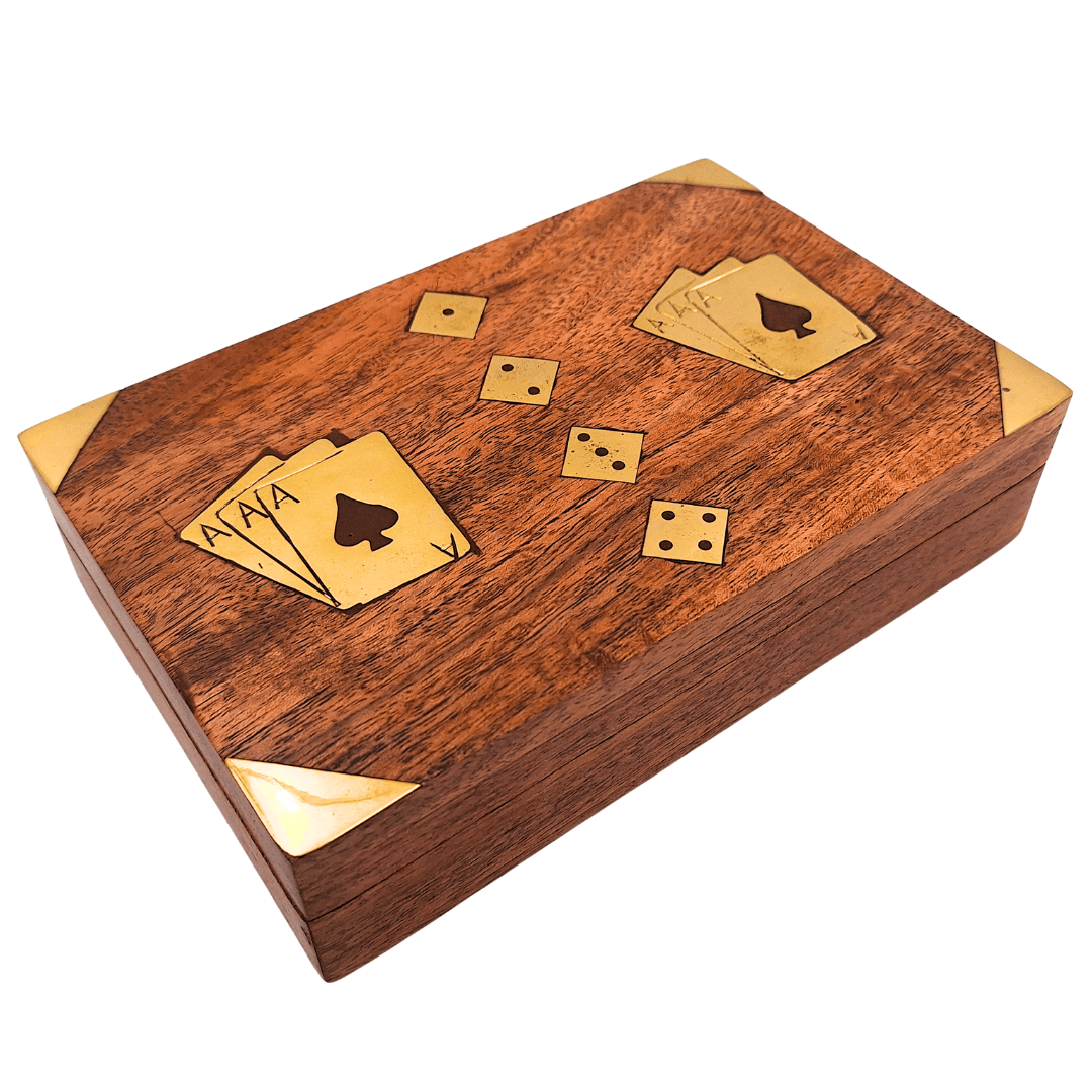 Ensemble de jeu - Deux jeux de cartes et dés à jouer dans une boîte en bois – Cadeau élégant pour joueur – DNU-008