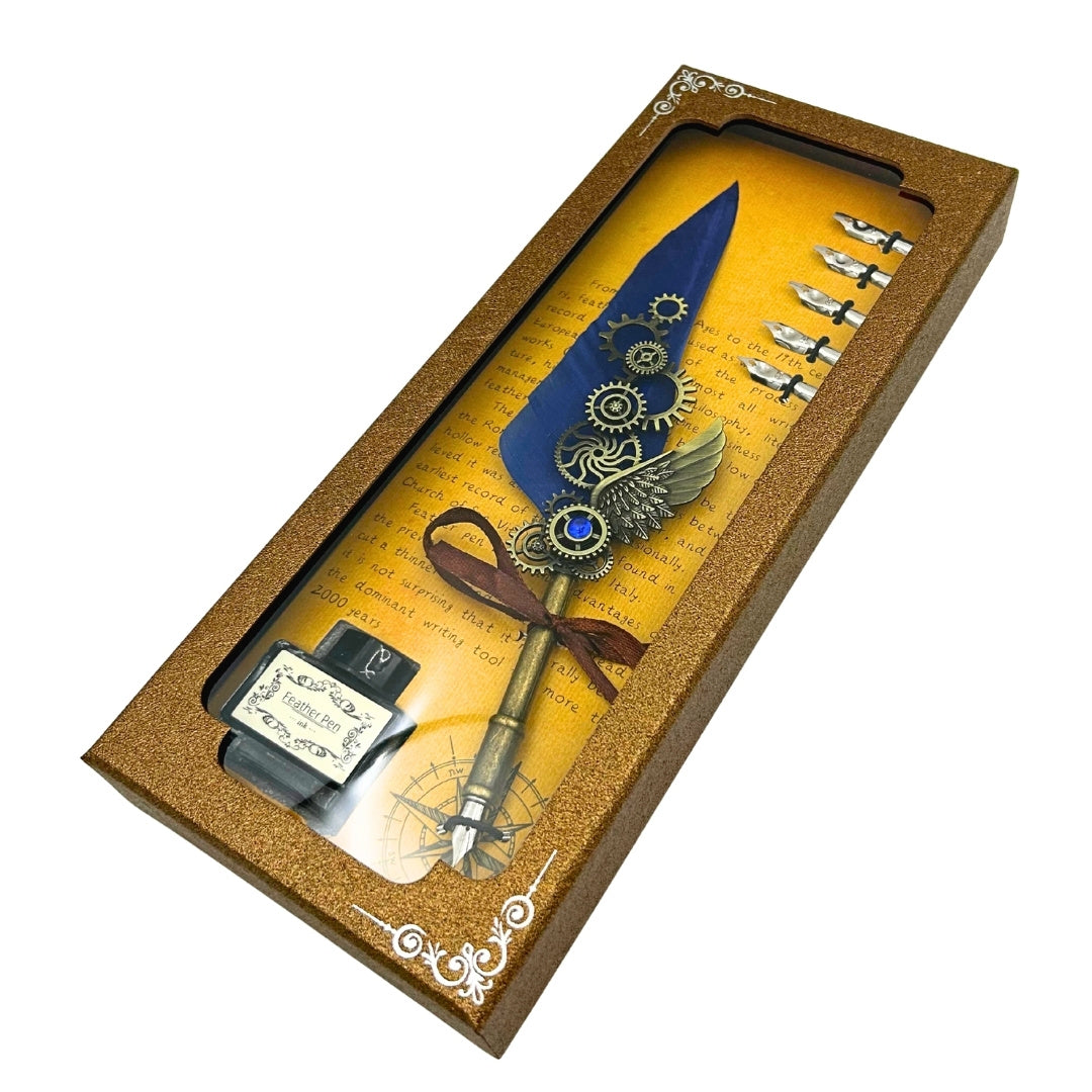 Coffret de calligraphie rétro avec plume d’oie bleue vintage, 6 plumes, encre, cadeau – EE11