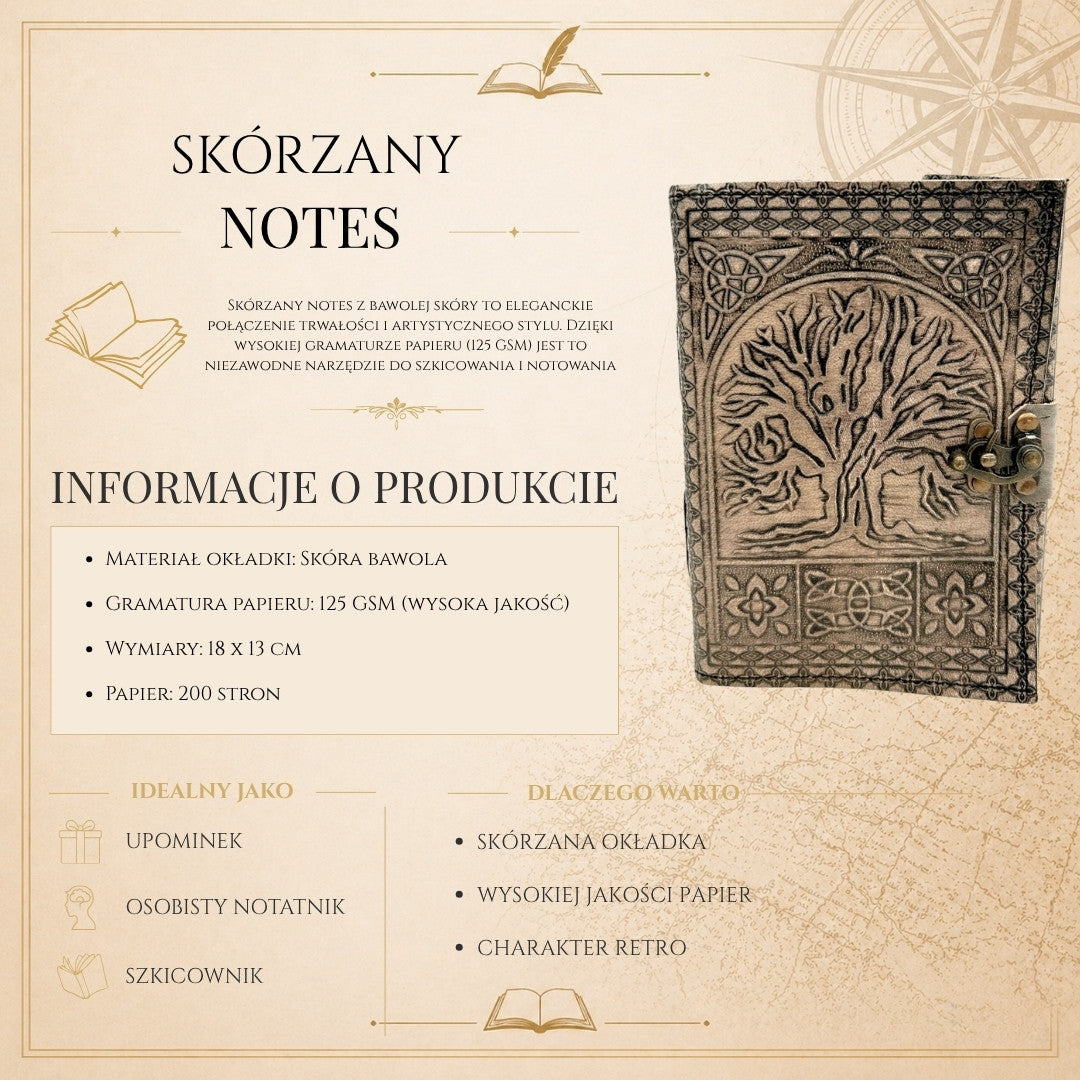 Carnet en cuir rétro Arbre de Vie – 200 pages 125 GSM - H019