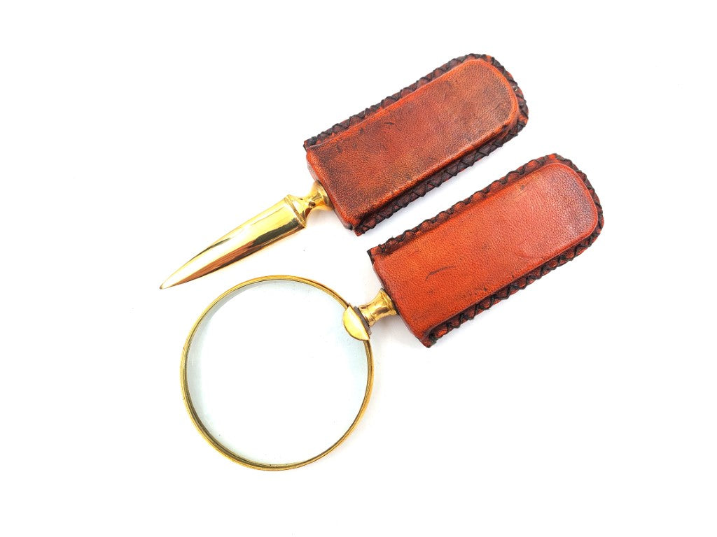 Loupe en laiton et coupe-papier - manche gainé de cuir MFPCSOL