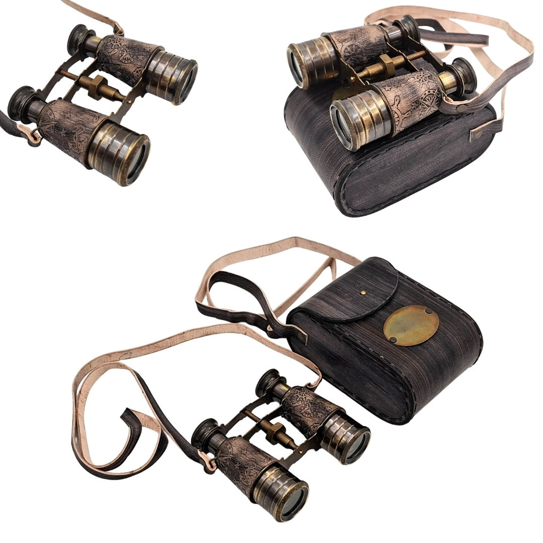 Brass Retro Binoculars in Leather Case with Personalization and Engraving Option
