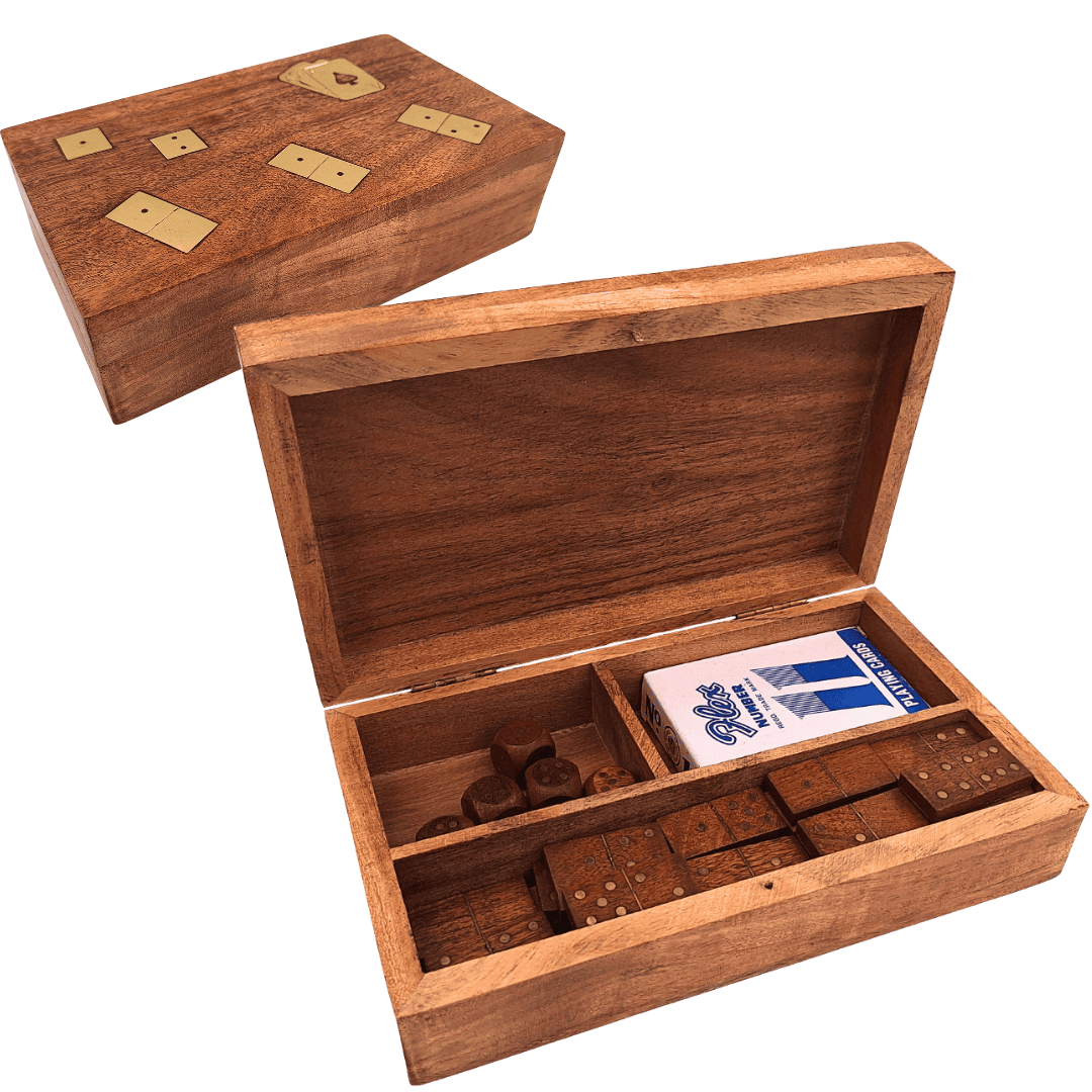 Ensemble de jeux 3 en 1 dans une boîte en bois : cartes, dominos, dés - DNU-011