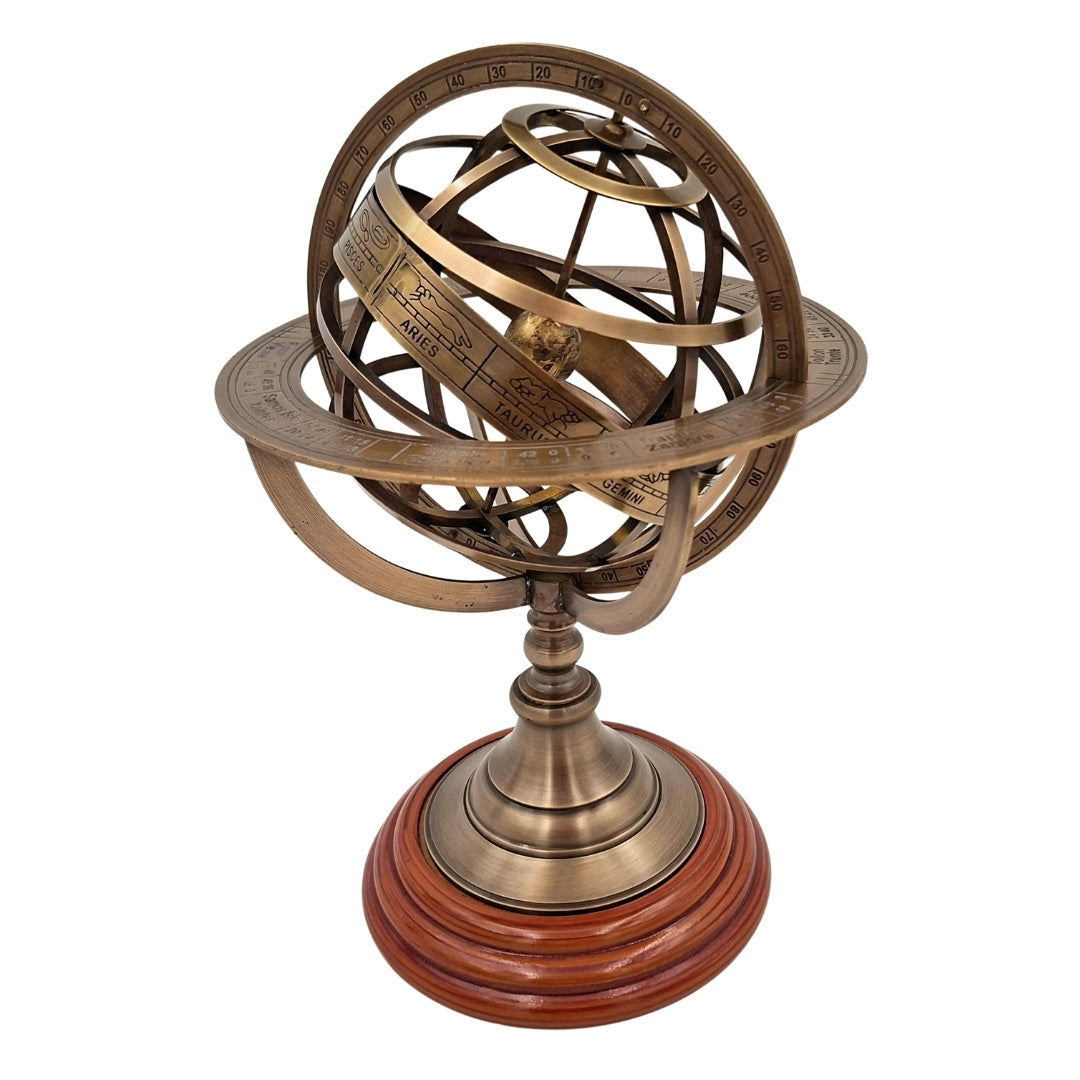 Sphärisches Astrolabium aus Messing auf Holzsockel 28 cm mit Personalisierung durch Gravur
