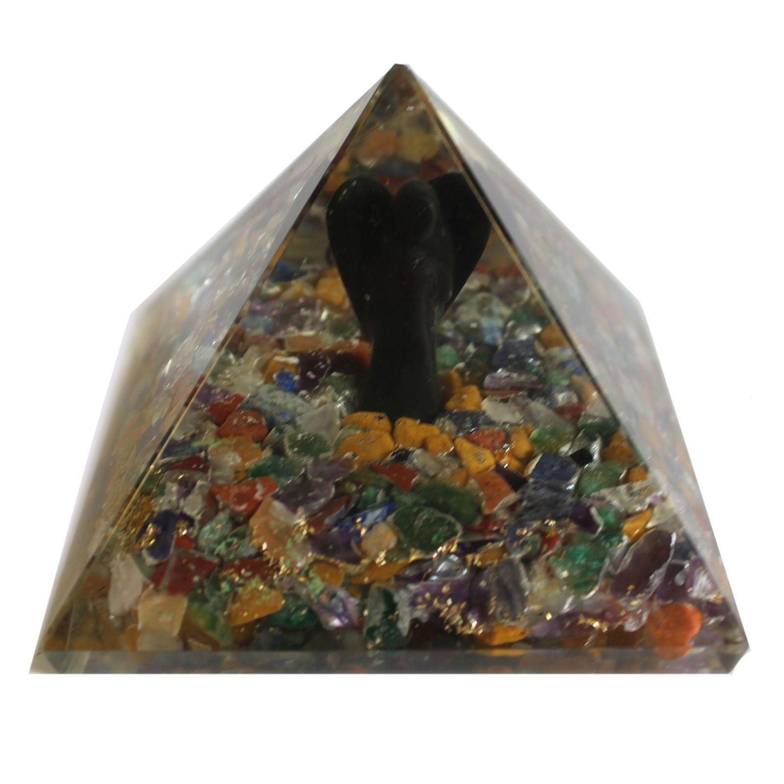 Pyramide Orgonite Magique 70 mm - Ange avec Objets Ésotériques, Intérieur Verdâtre et Finition Manuelle