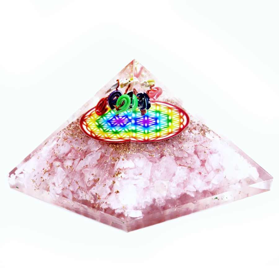 Rosenquarz-Orgonit-Pyramide mit Regenbogenmuster der Blume des Lebens