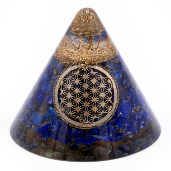 Cône Orgonite Lapis Fleur de Vie avec Quartz Suspendu - 90 mm, Bleu-Doré, Résine Verre et Paillettes Métalliques