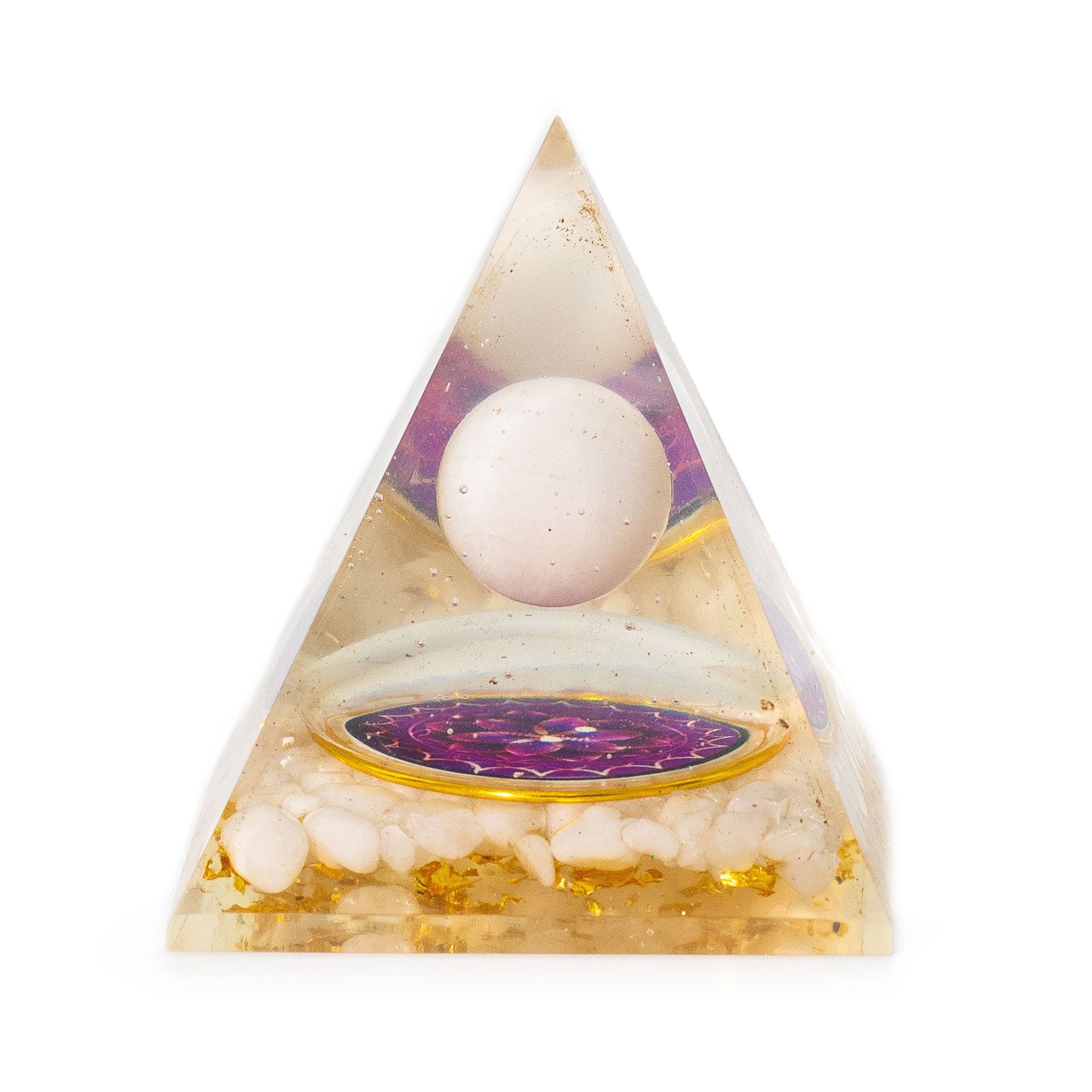 Pyramide Orgonite avec Boule de Quartz Blanche 7x6 cm - Morceaux Naturels de Quartz et Paillettes Dorées