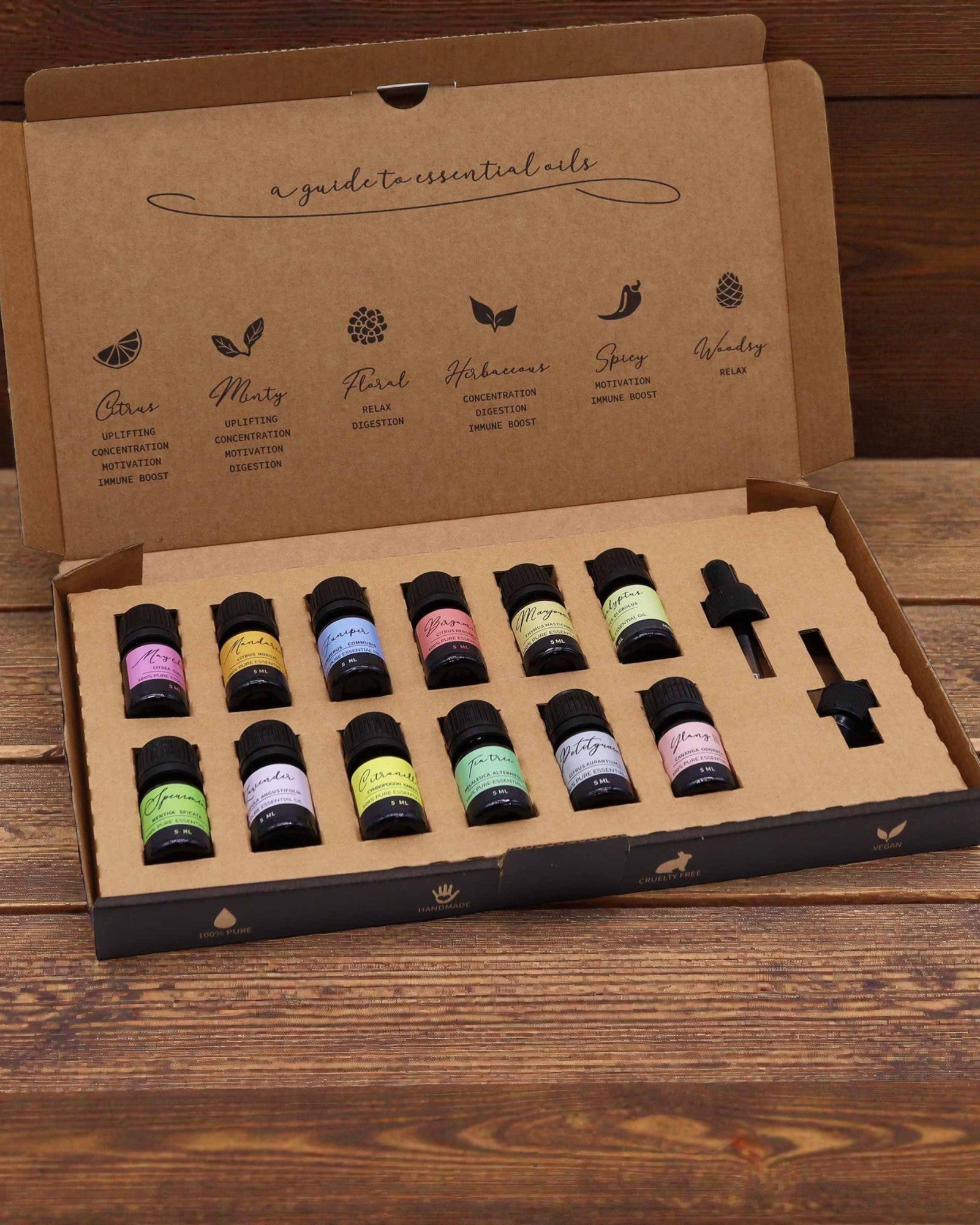 Éveil printanier de la nature – ensemble luxueux de 12 huiles essentielles de 5 ml avec pipettes