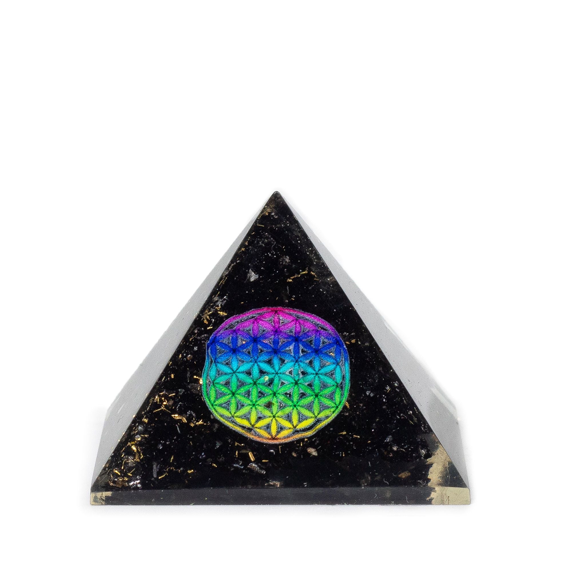 Orgon-Pyramide aus schwarzem Turmalin 5.5x4.5cm mit Blume des Lebens