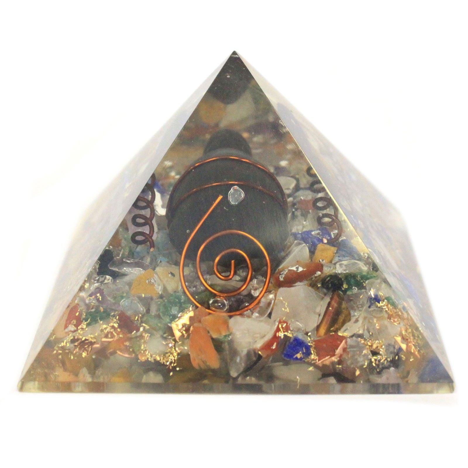 Mittlere Orgonit-Pyramide 60mm mit Edelstein-Chips, Kupfer und Schildkröte