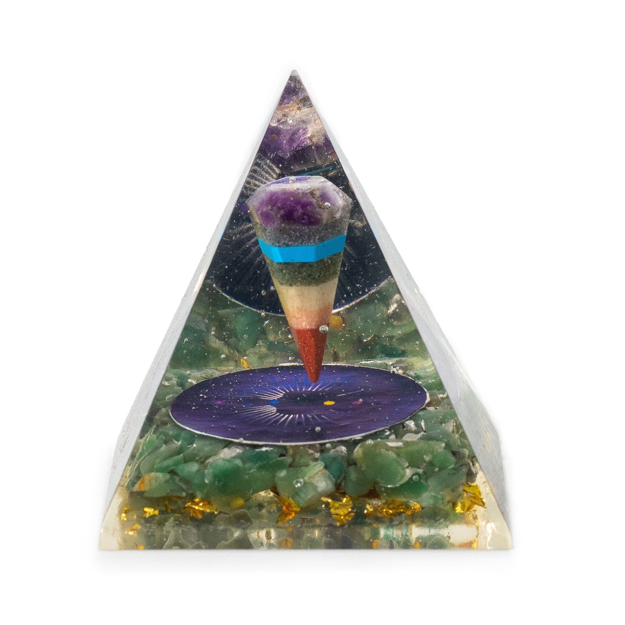 Pyramide Orgonite Moyenne avec Pendule et Éclats Verts d'Aventurine 7x6 cm