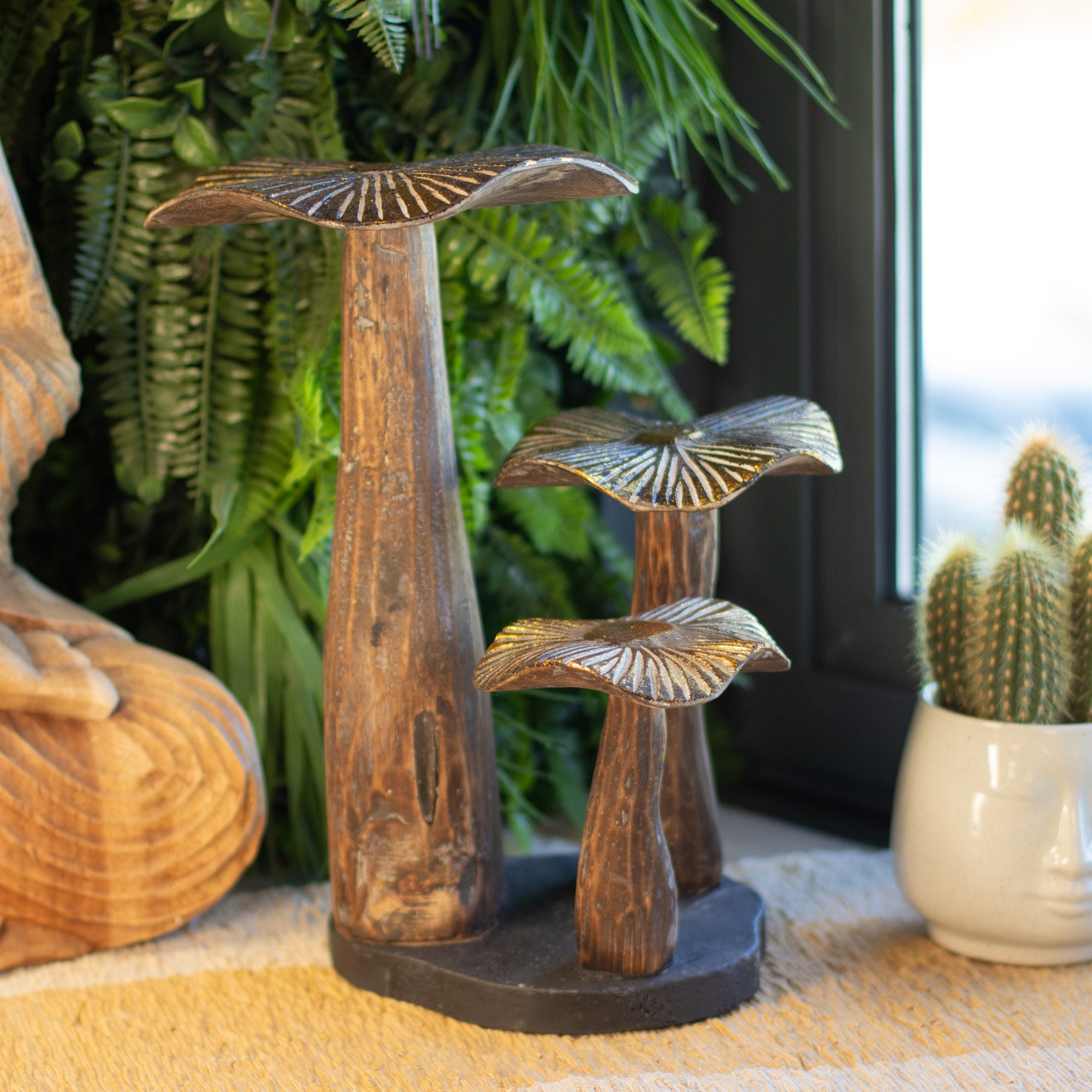 Grande sculpture de champignon doré 32 cm - Bois naturel - Élément décoratif unique pour cadeau - Style forestier, rustique et moderne