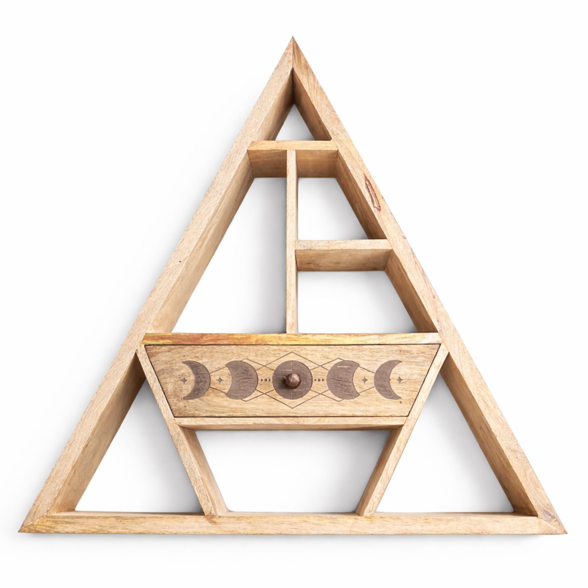 Dreieckiges magisches Wandregal mit Schublade - handgefertigtes Mangoholz, Mondphasen-Design, 53x53x9 cm