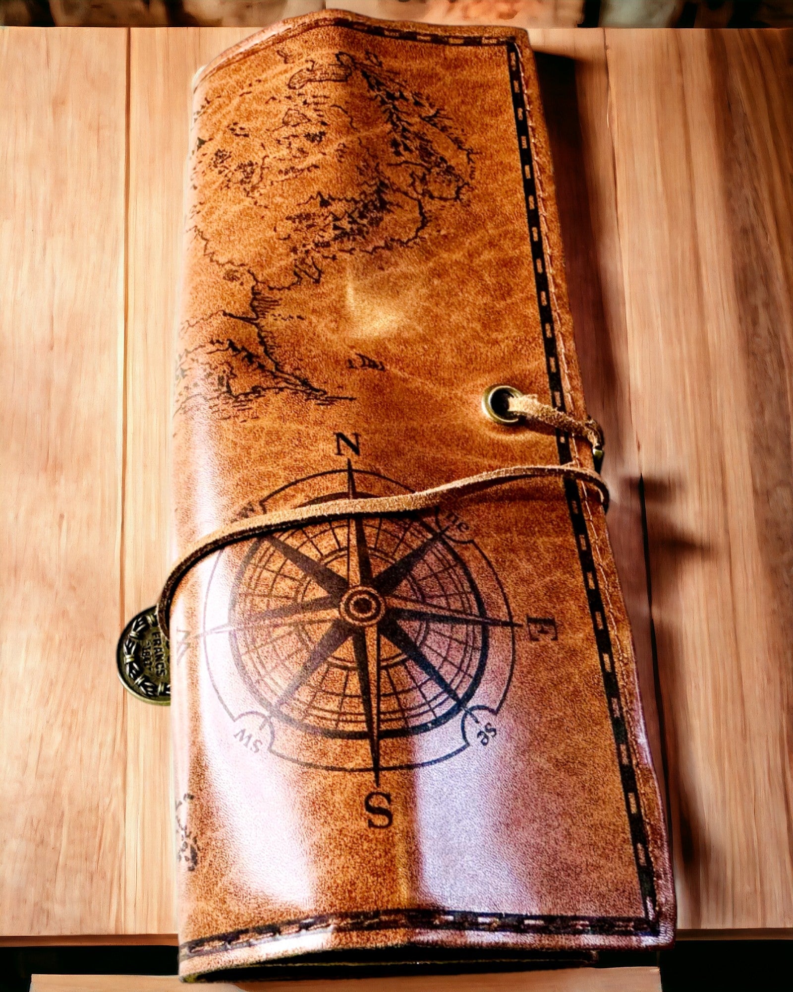 Retro Donkerbruine Leren Pennenzak met Schatkaartmotief - Elegante Tas voor het Bewaren van Schrijfbenodigdheden