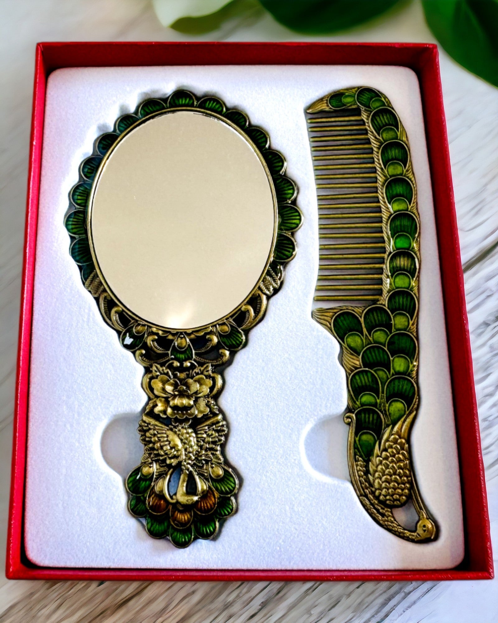 Ensemble Vintage avec Miroir et Peigne au Motif de Paon - Accessoires Cosmétiques Décoratifs