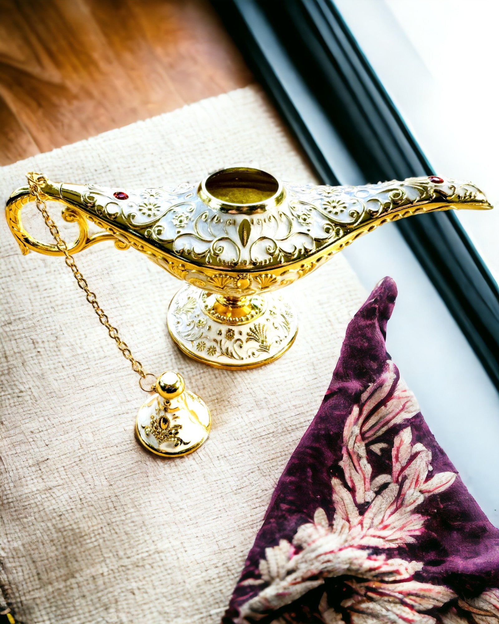Lampe Magique d'Aladin avec Option de Gravure - Variante Blanche, entrelacée d'or