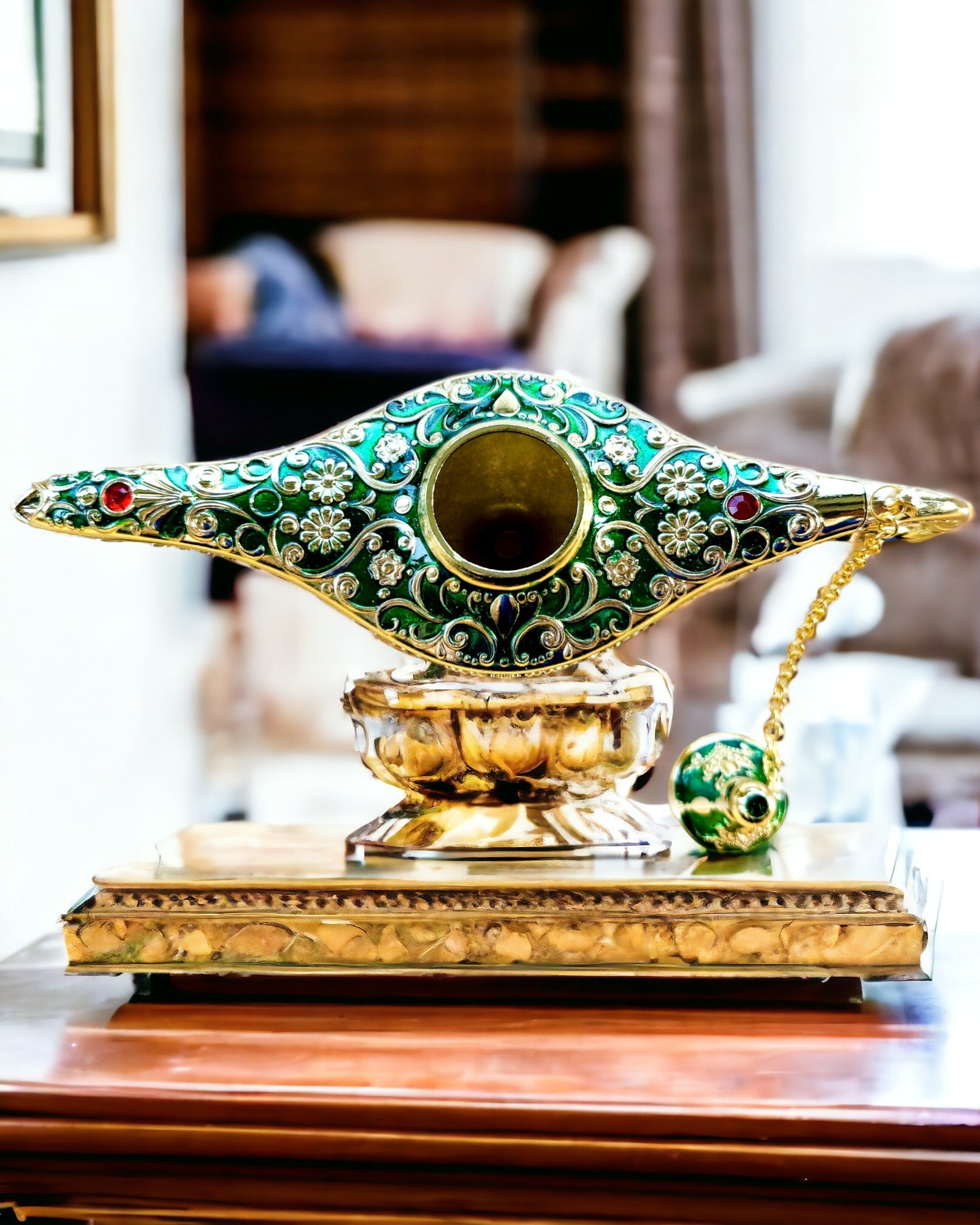 Lampe Magique d'Aladin avec Option de Gravure - Variante Vert Foncé, entrelacée avec de l'or