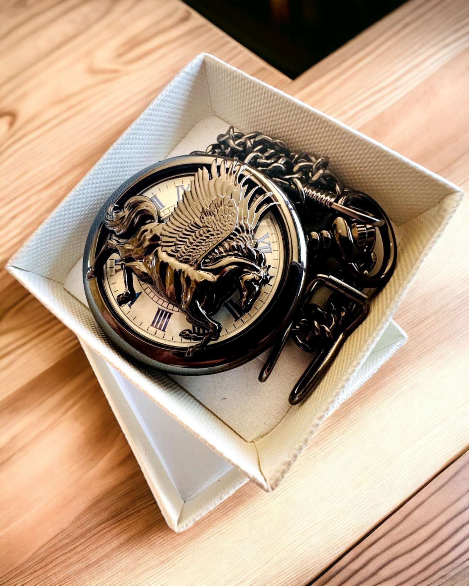 Pocket Watch "Equus Tempus" - Black with Horse Motif, customizable with engraving - white dial