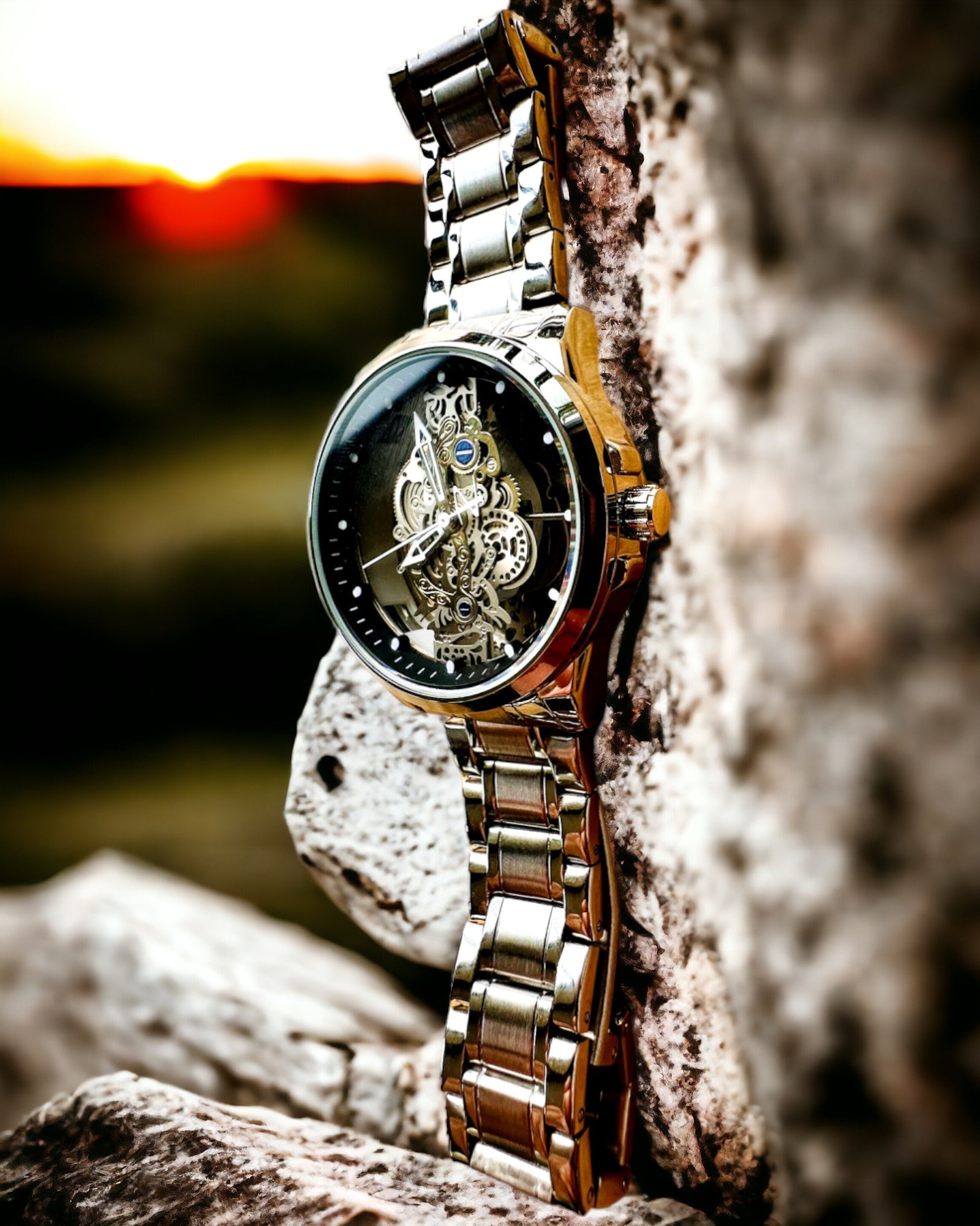 Elegant Men's Watch KIMSDUN Prestige Transparent Mechanism and Sporty Elegance, customizable with engraving