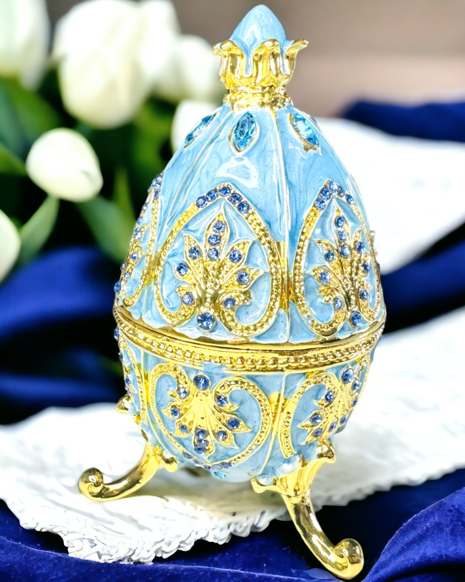 Œuf Fabergé Céleste – Organisateur de Bijoux Émaillé - couleur bleu ciel. Personnalisation par gravure