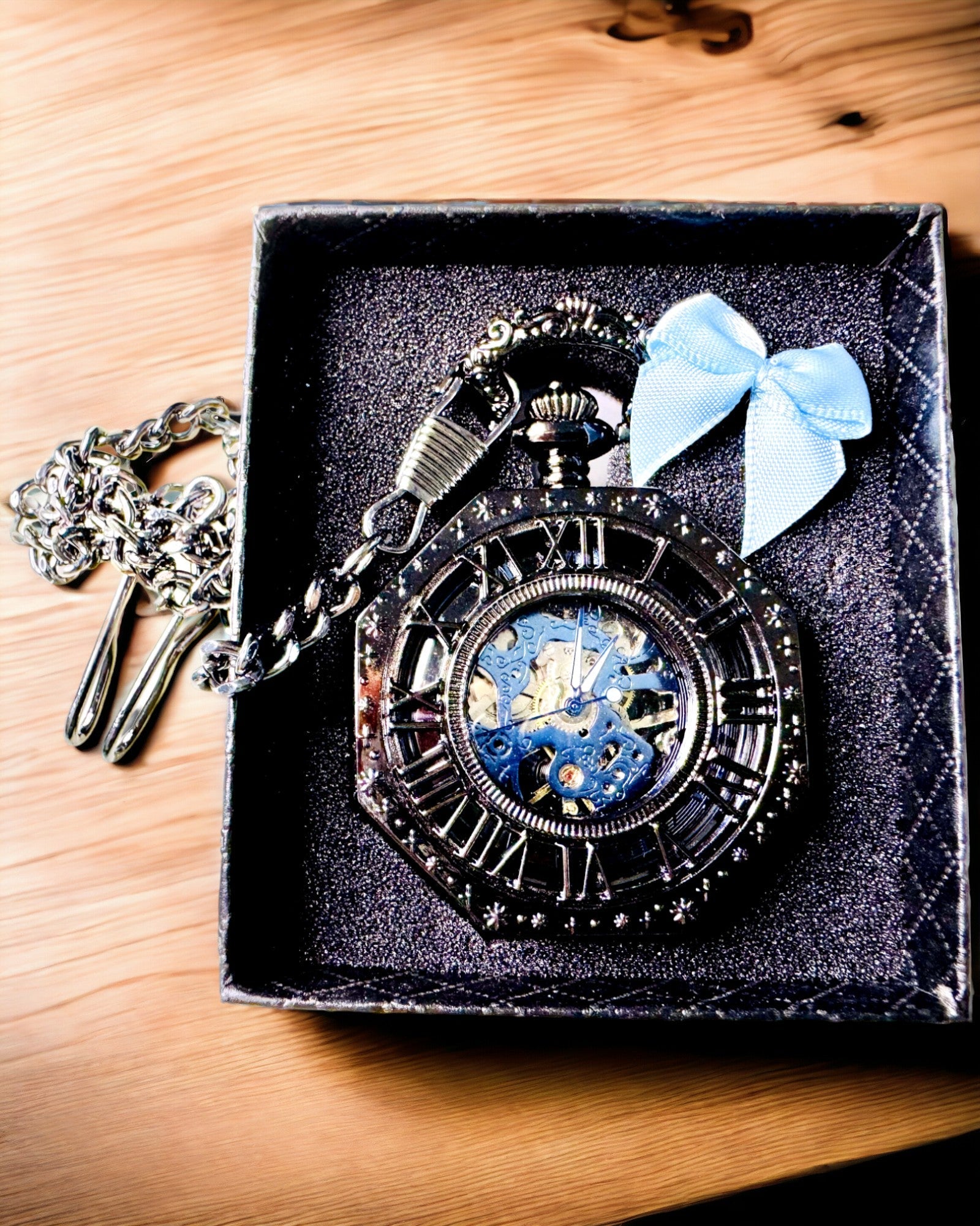 Montre de Poche Mécanique Octogonale Classique Steampunk en Noir, Gravure