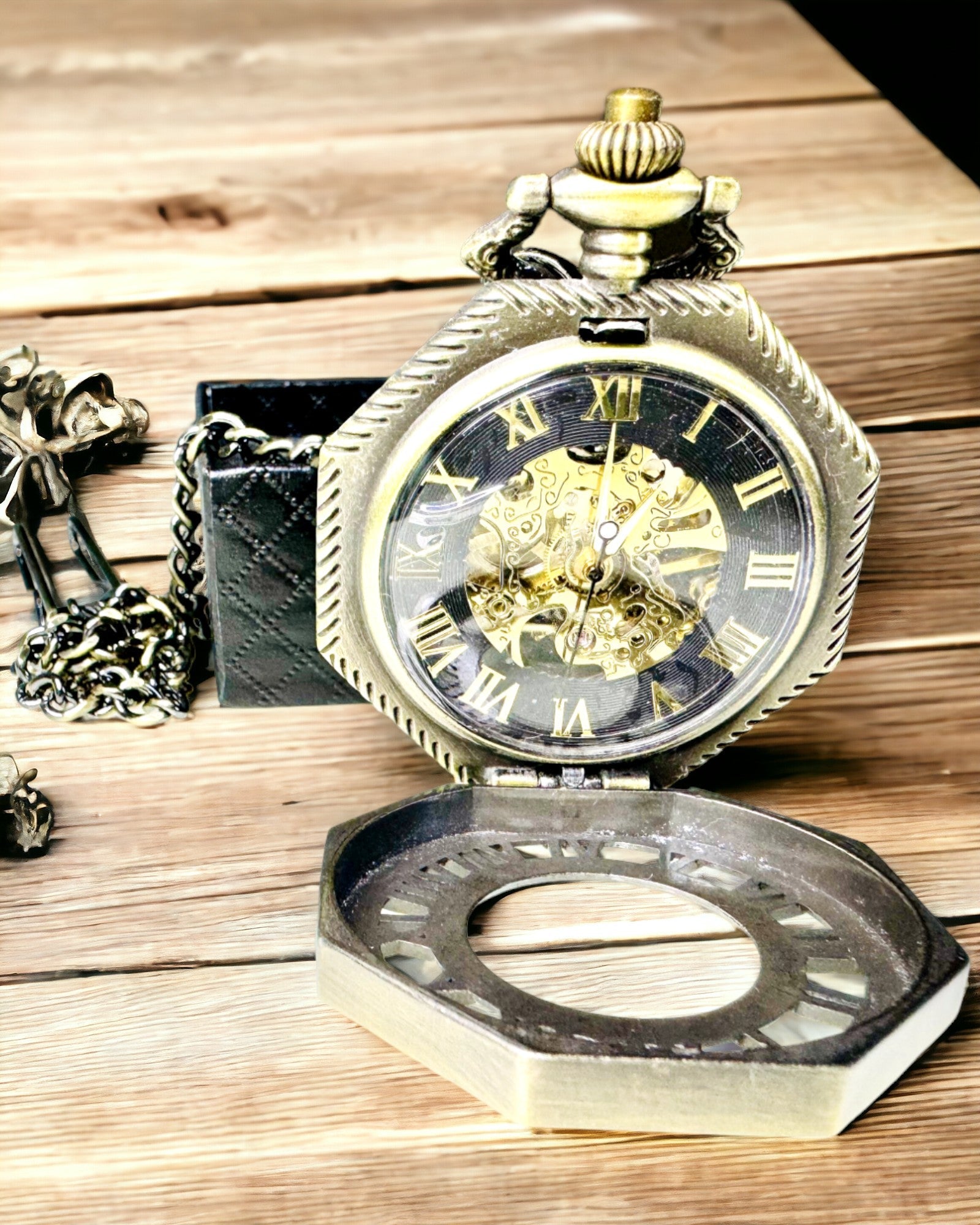 Montre de Poche Mécanique Classique Octogonale Couleur Marron Style Steampunk - Intemporel