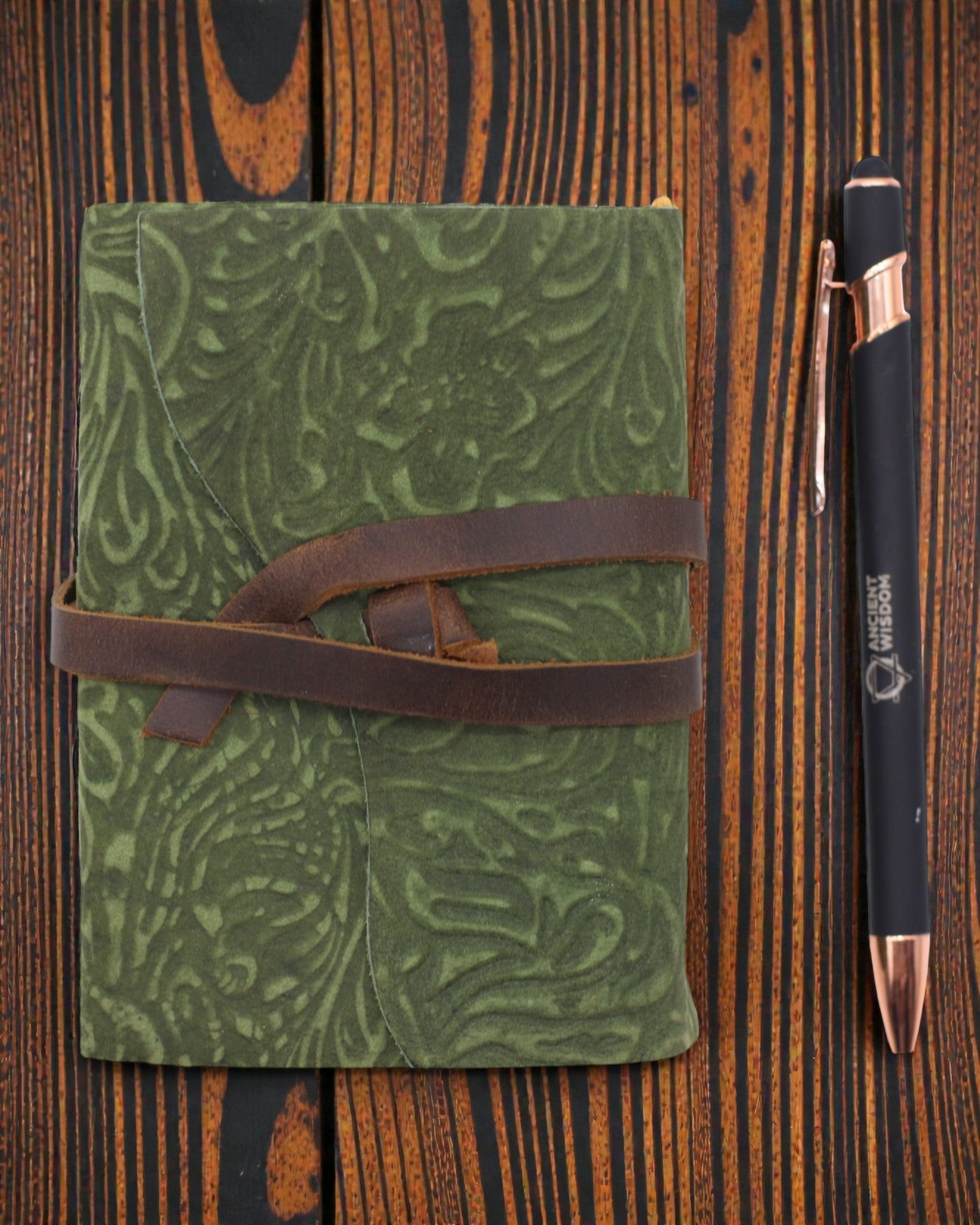 Green Maze Vintage – leren notitieboek met verouderde bladzijden 12,7 × 8,9 cm