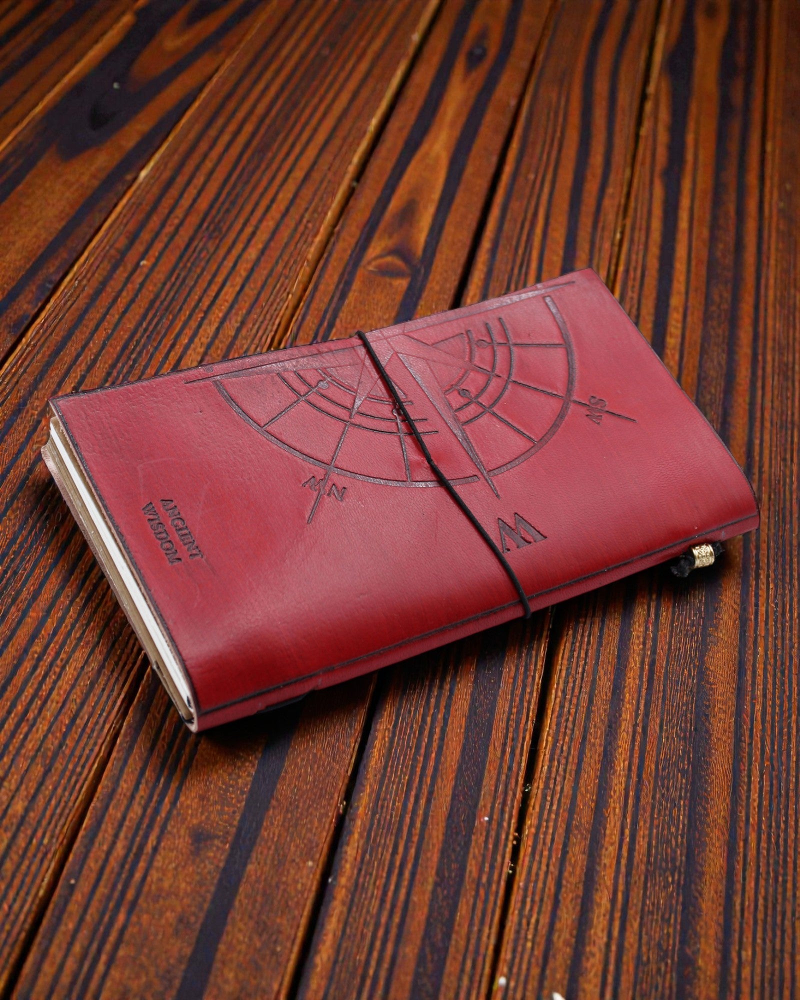 The Adventure Begins – red handmade leather notebook 22 × 12 × 1,5 cm, 80 pages