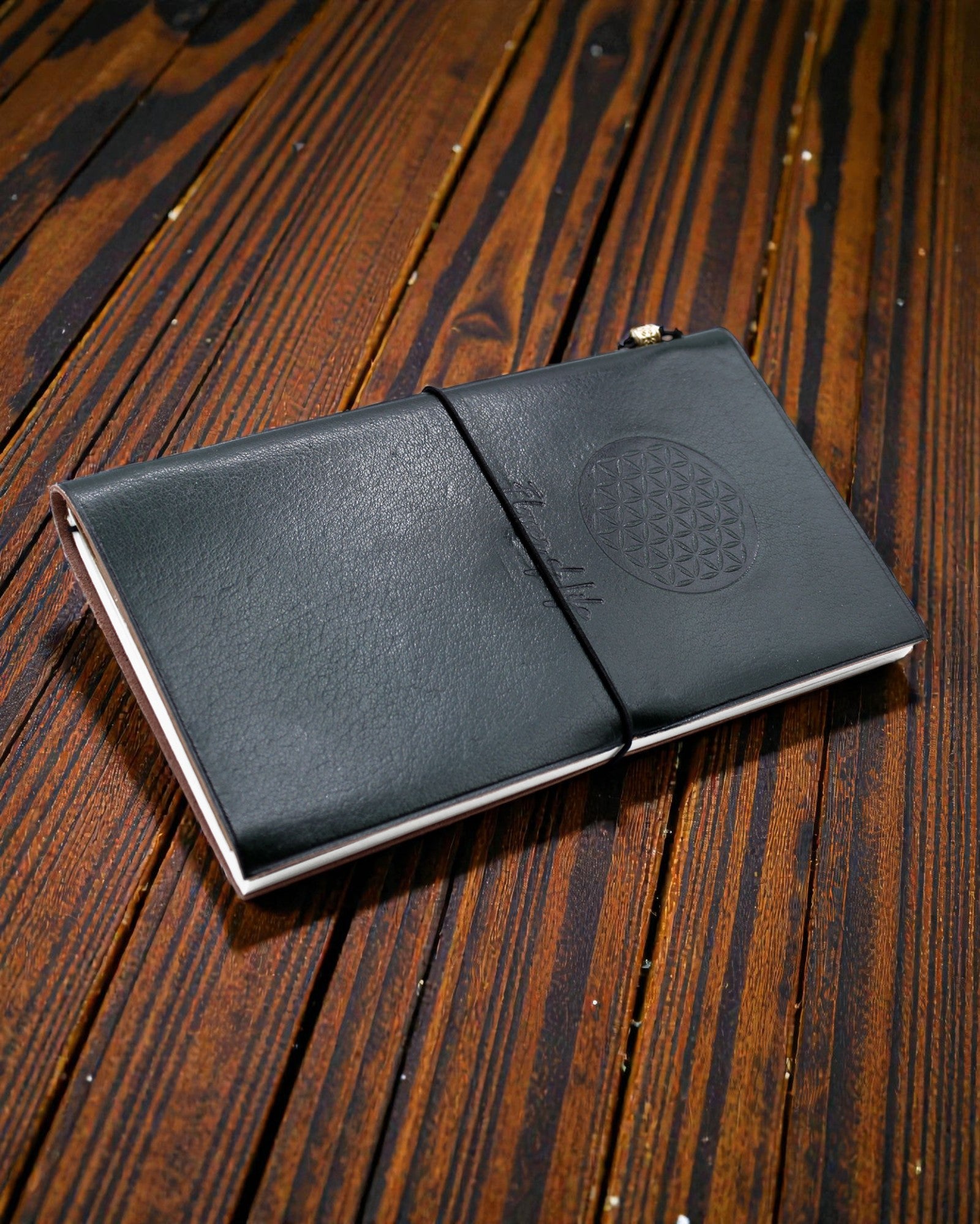 Handgemaakt leren dagboek - Bloem des Levens - Groen (80 pagina's)