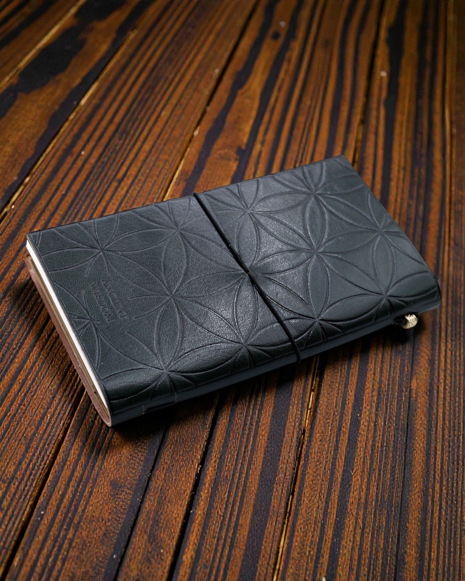 Handgemaakt leren dagboek - Bloem des Levens - Groen (80 pagina's)