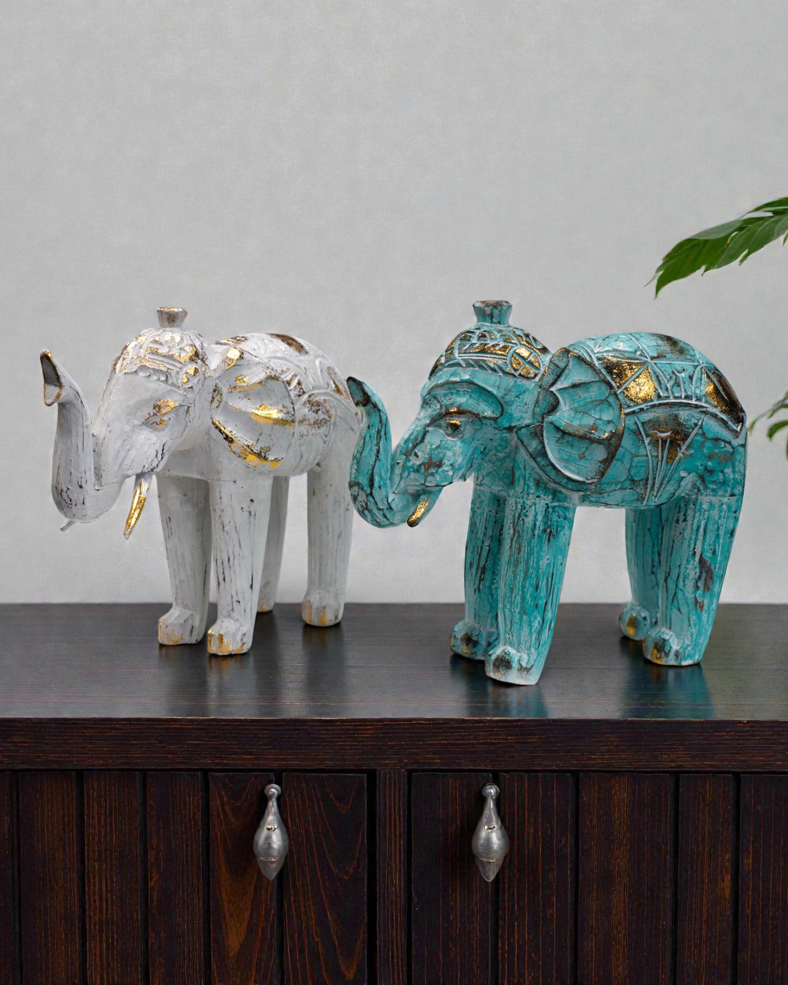 Sculpture d’éléphant 24 cm – Turquoise et or