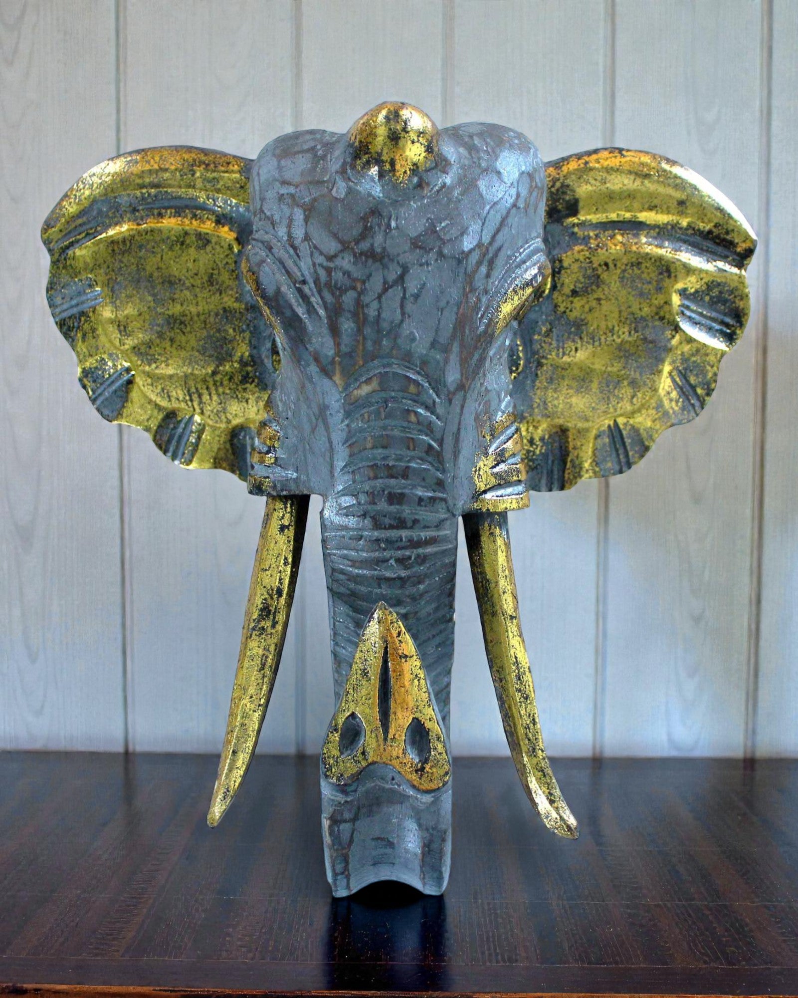 Grande tête d’éléphant 29x26 cm – Gris, bleu et or