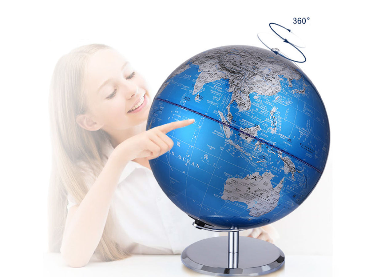 Grand globe décoratif bleu et argenté personnalisable par gravure, hauteur 23 cm