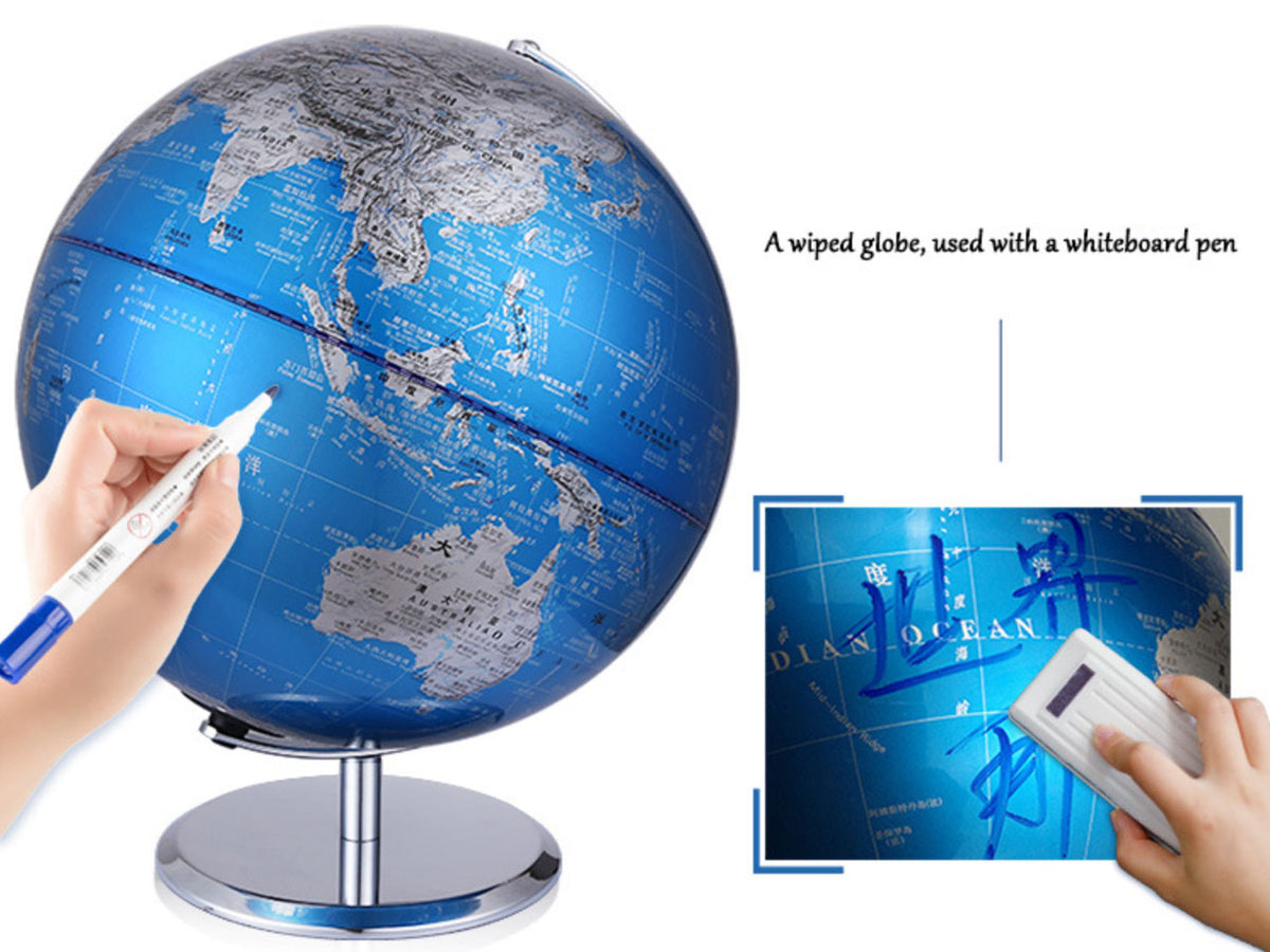 Grand globe décoratif bleu et argenté personnalisable par gravure, hauteur 23 cm