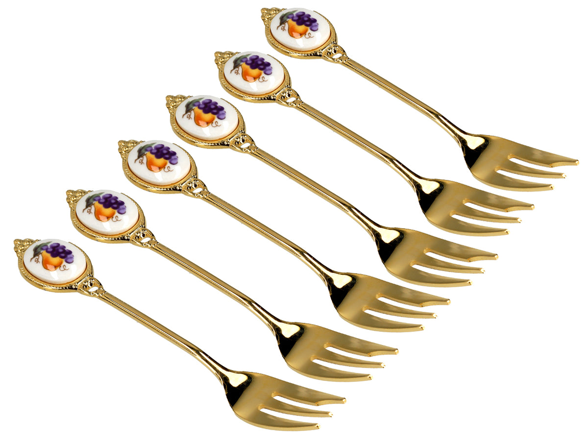 Kpl. 6 widelczyków, Widelczyki powlekane 24K złotem, motyw Owoców