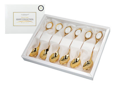 Zestaw 6 łyżeczek powlekanych 24K złotem Białe oczka CARMANI z możliwością personalizacji grawerem - elegancki prezent na każdą okazję, wymiary 13 cm