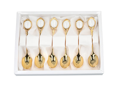 Zestaw 6 łyżeczek powlekanych 24K złotem Białe oczka CARMANI z możliwością personalizacji grawerem - elegancki prezent na każdą okazję, wymiary 13 cm