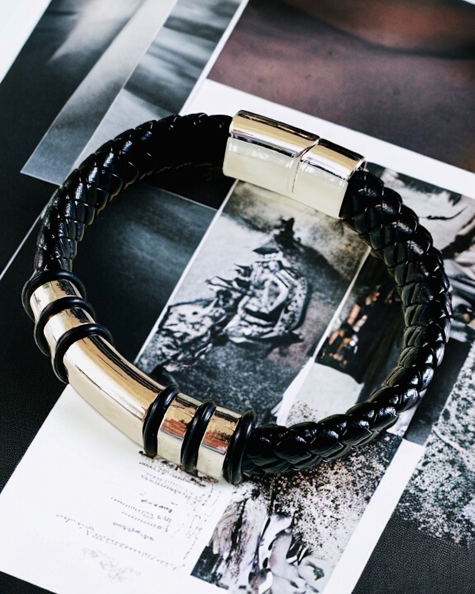 Fashionable Hip Hop Bracelet for Men with Custom Engraving and Magnetic Clasp – Choose Style with Silver or Gold Accents, 22cm PU Leather