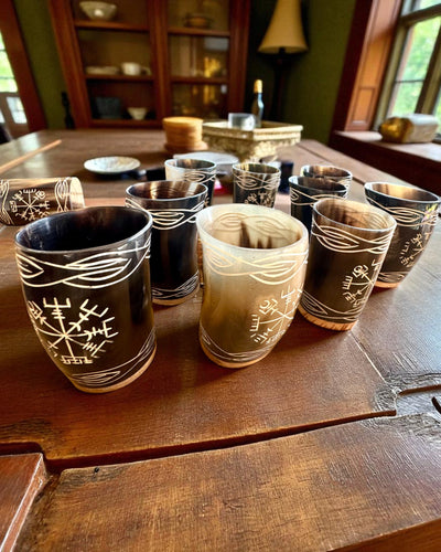 Valknut Handcrafted small buffalo horn cup with Nordic symbols, customizable as a gift with engraving