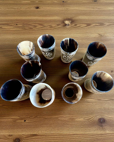 Valknut Handcrafted small buffalo horn cup with Nordic symbols, customizable as a gift with engraving