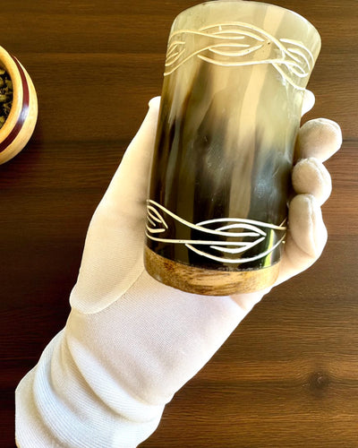 Valknut Handcrafted small buffalo horn cup with Nordic symbols, customizable as a gift with engraving