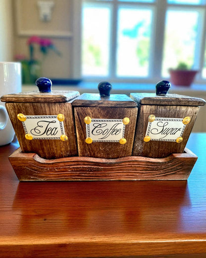 Ensemble Royal Trio – Thé, Café, Sucre en bois de Shisham, fait à la main, avec option de gravure pour cadeau