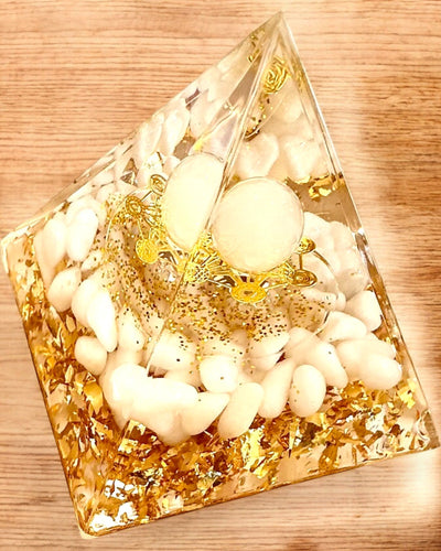 Orgonite Energy Pyramid with White Stones - "Golden Harmony", perfect as a gift